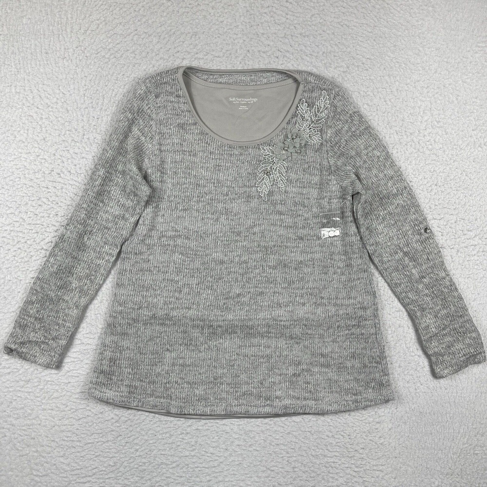 Soft Surroundings Sweater Womens Medium Gray Floral Embroidered Shirt Faux Pearl